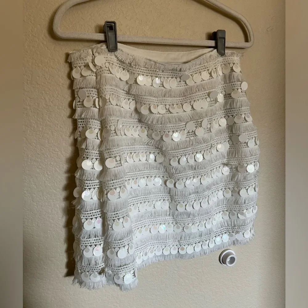 Boston Proper Fringe Sequin Two Piece Skirt Set‎ Sz 10 Cream